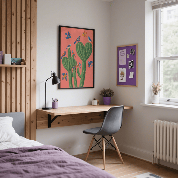 Cactus Poster Print art print, green cactus shapes, pink for office decor