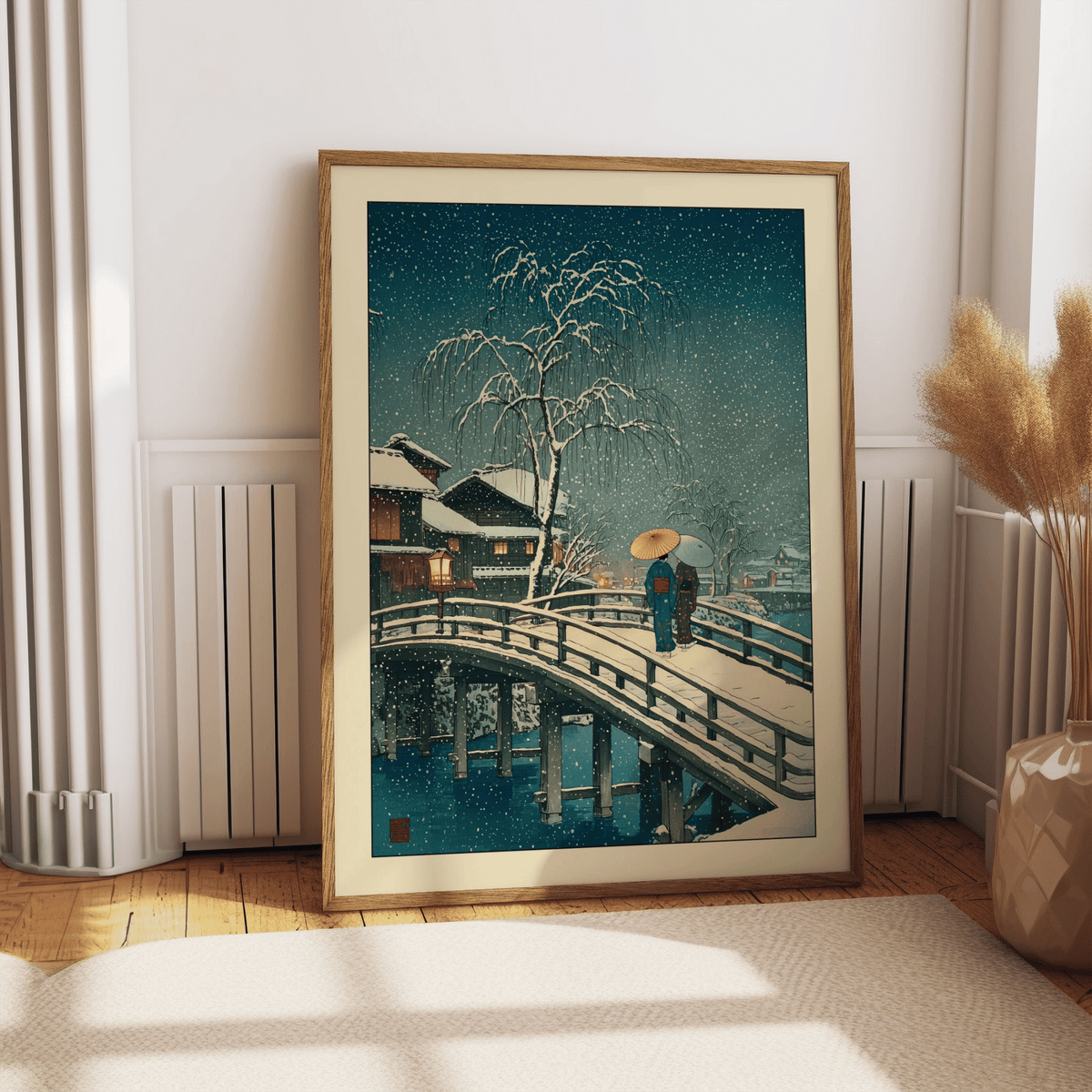 Living room mockup showing curved bridge scene in winter tones on wall