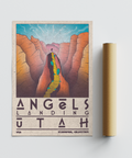 Graphic canyon poster print with central motif trail and distant mountains, Zion National Park Art