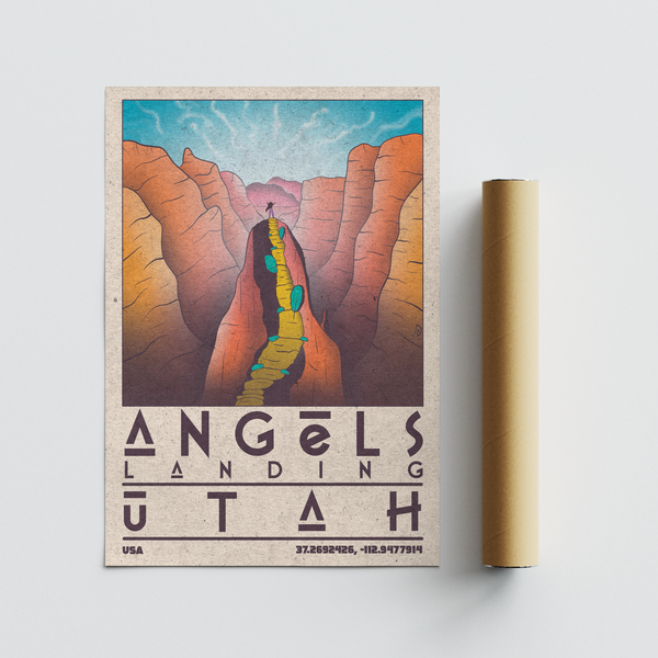 Graphic canyon poster print with central motif trail and distant mountains, Zion National Park Art