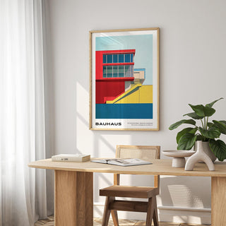Clean-lined Bauhaus facade captured in mid century modern art prints for design lovers.