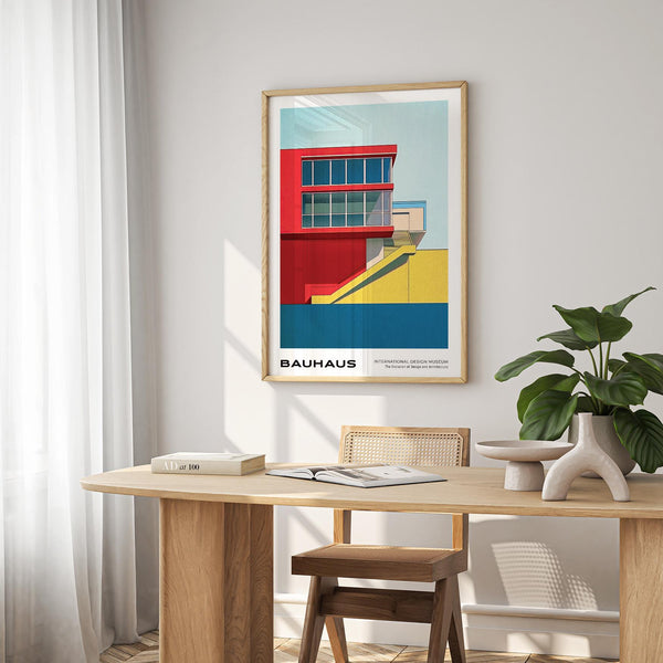 Clean-lined Bauhaus facade captured in mid century modern art prints for design lovers.