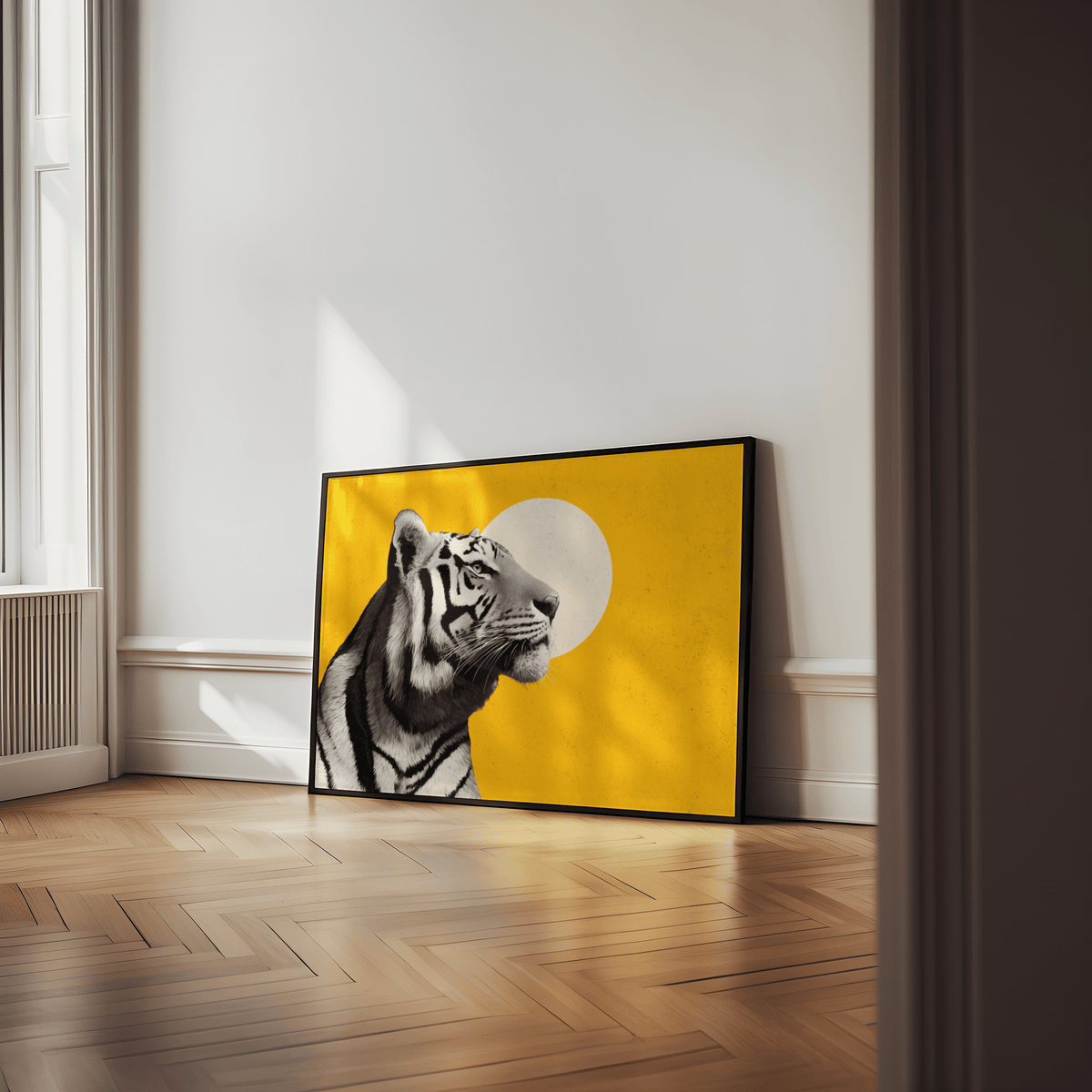 Landscape Tiger Wall Art featuring Tiger portrait in Yellow for bedroom poster