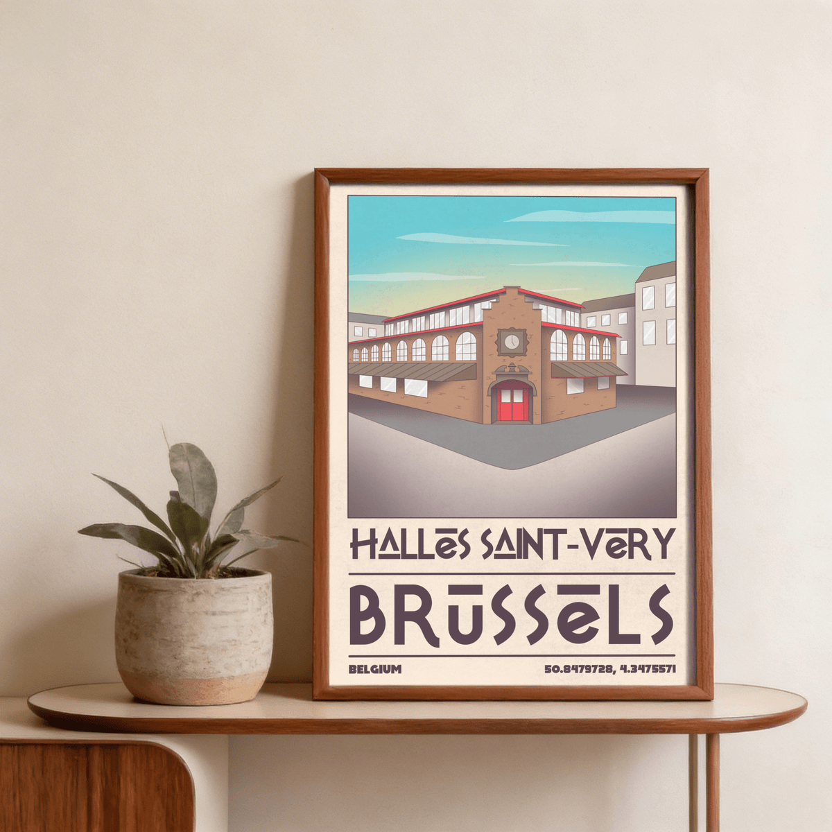 Corner-perspective architecture print poster featuring brick facade, clock, and red doors