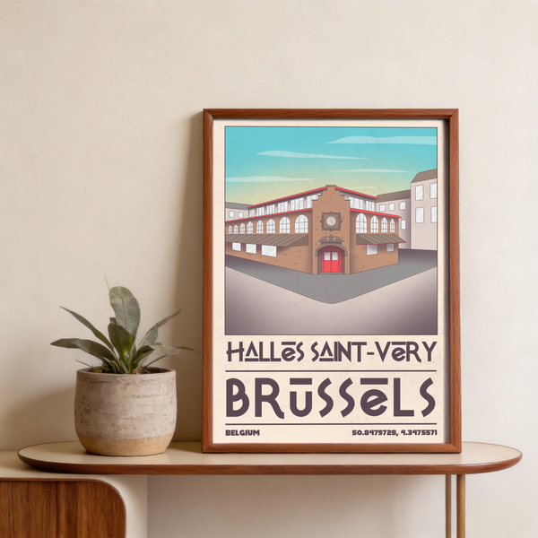 Corner-perspective architecture print poster featuring brick facade, clock, and red doors