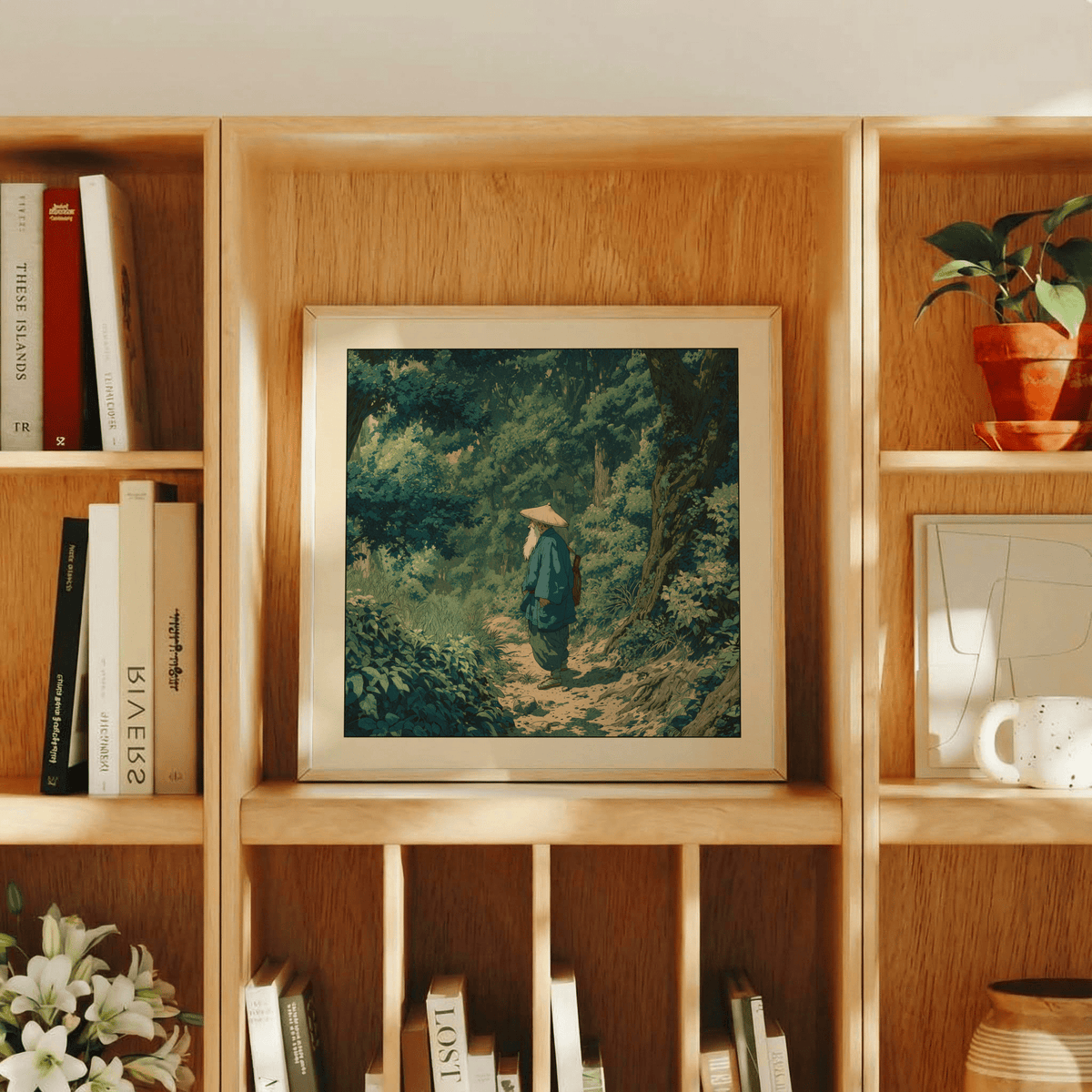 Angle view of nature poster featuring winding path, dense shrubs, and tall trees