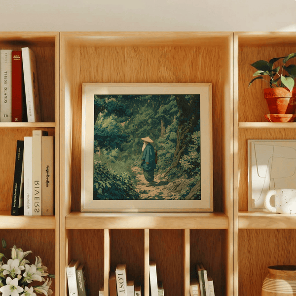 Angle view of nature poster featuring winding path, dense shrubs, and tall trees