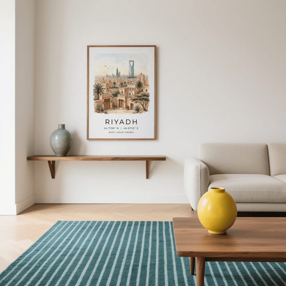 Minimal travel wall art print with Riyadh city illustration above bold title text