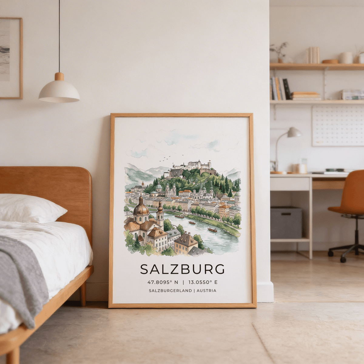 Salzburg City Print showing fortress above old town and tranquil waterfront