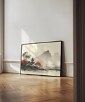 Tranquil Chinese Landscape Art Print featuring gray, white, red, and black for bedroom decor