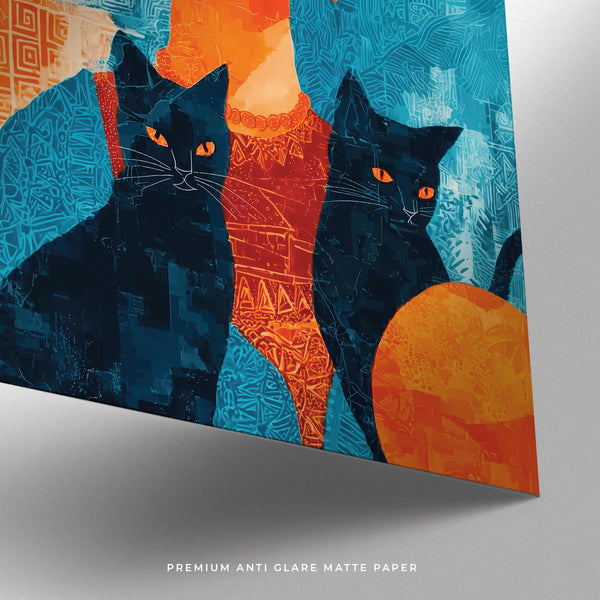 Illustration of Frida Kahlo with two black cats, titled Frida Kahlo cat print.