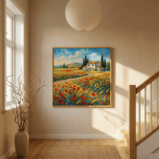 Cheerful Vibrant Countryside Wall Art featuring blue skies for hallway