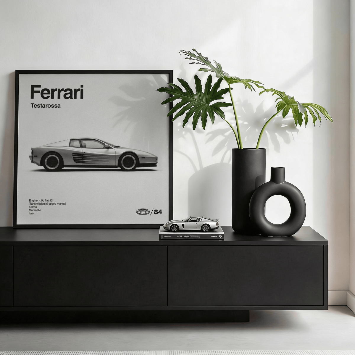 Minimalist Ferarri Testarossa Wall Art in gray for entryway