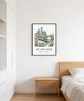 Riverside Melbourne wall art print with foreground foliage and seating