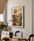 Desert Wagon Art Print featuring brown deserts and green cacti for nursery poster