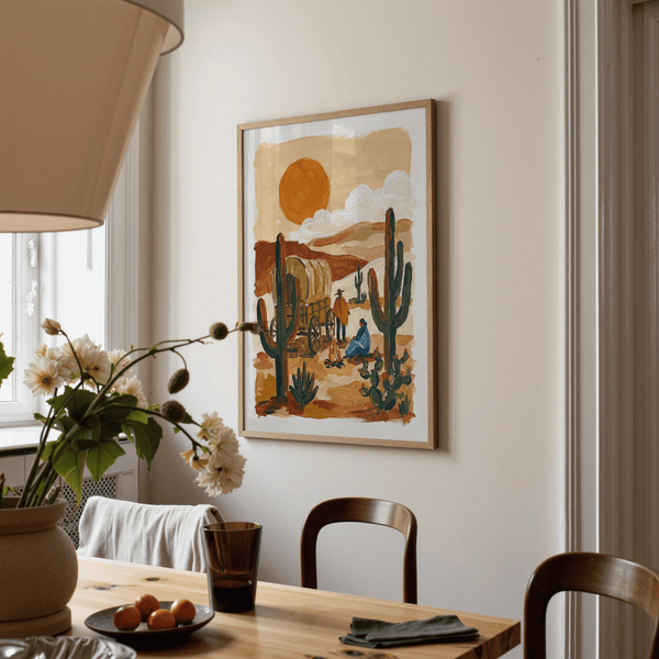 Desert Wagon Art Print featuring brown deserts and green cacti for nursery poster