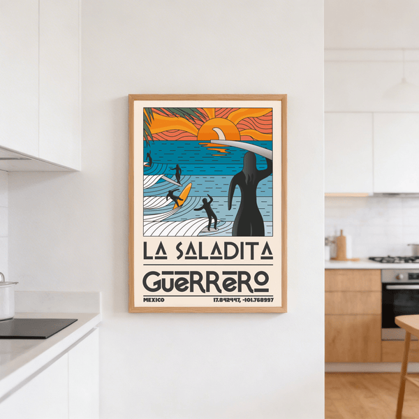 Mexican surf destination coordinates and travel lettering artwork