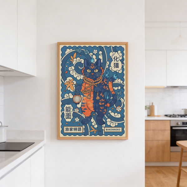 Mythic feline artwork featuring kanji labels, blossoms, and lantern