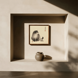 Sumi-e Cat Print art print in Brown tones for modern office wall