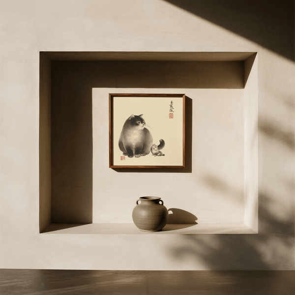 Sumi-e Cat Print art print in Brown tones for modern office wall