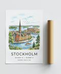 Travel-themed Stockholm wall art poster with river scene and distant landmark building
