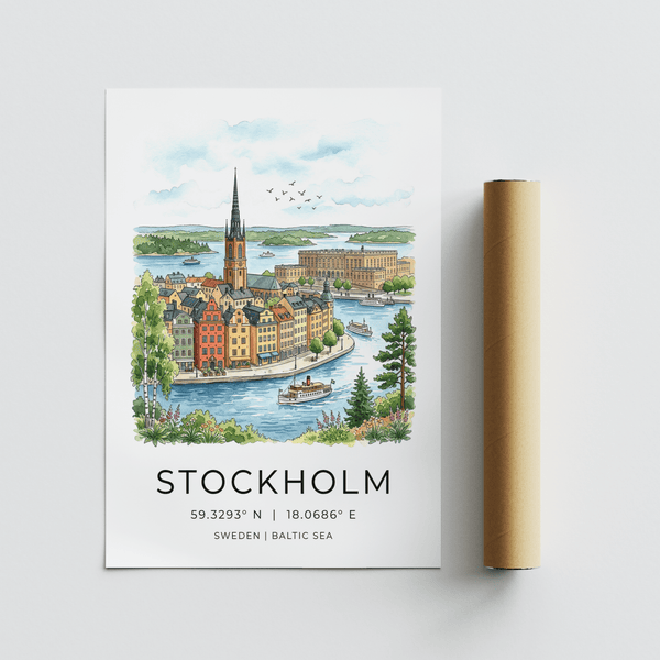 Travel-themed Stockholm wall art poster with river scene and distant landmark building