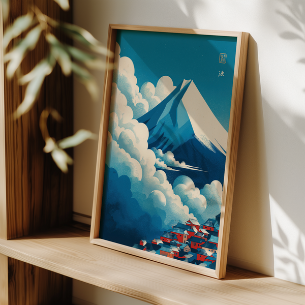 Hillside village rooftops beneath clouds poster print