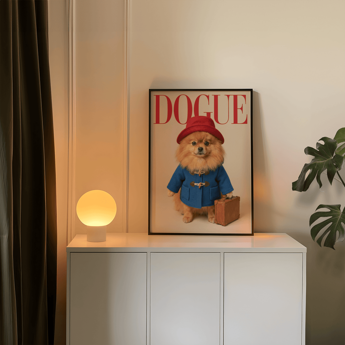 Paddingtron Bear Pomeranian wall art print with suitcase, perfect for office display