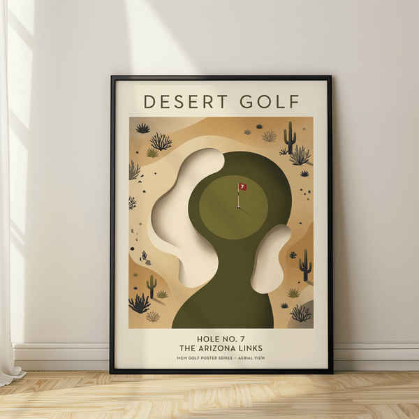 Vintage-style Desert Golf Print with hole 7 flag and rounded putting green