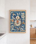 Blue and Beige Tengu Mask Art Print with swirling waves and maple leaves poster