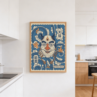 Blue and Beige Tengu Mask Art Print with swirling waves and maple leaves poster