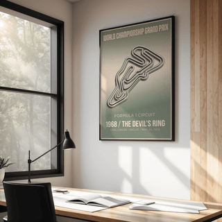 Highlighting a centered track diagram, motorsport poster print with layered circuit lines and vintage-style event text