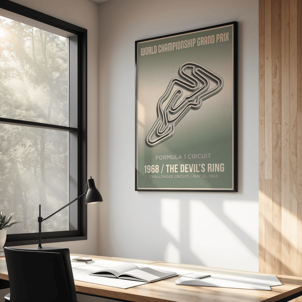 Highlighting a centered track diagram, motorsport poster print with layered circuit lines and vintage-style event text