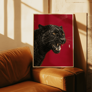 Elegant Wildlife Wall Art with black panther and red background, suitable for hallway