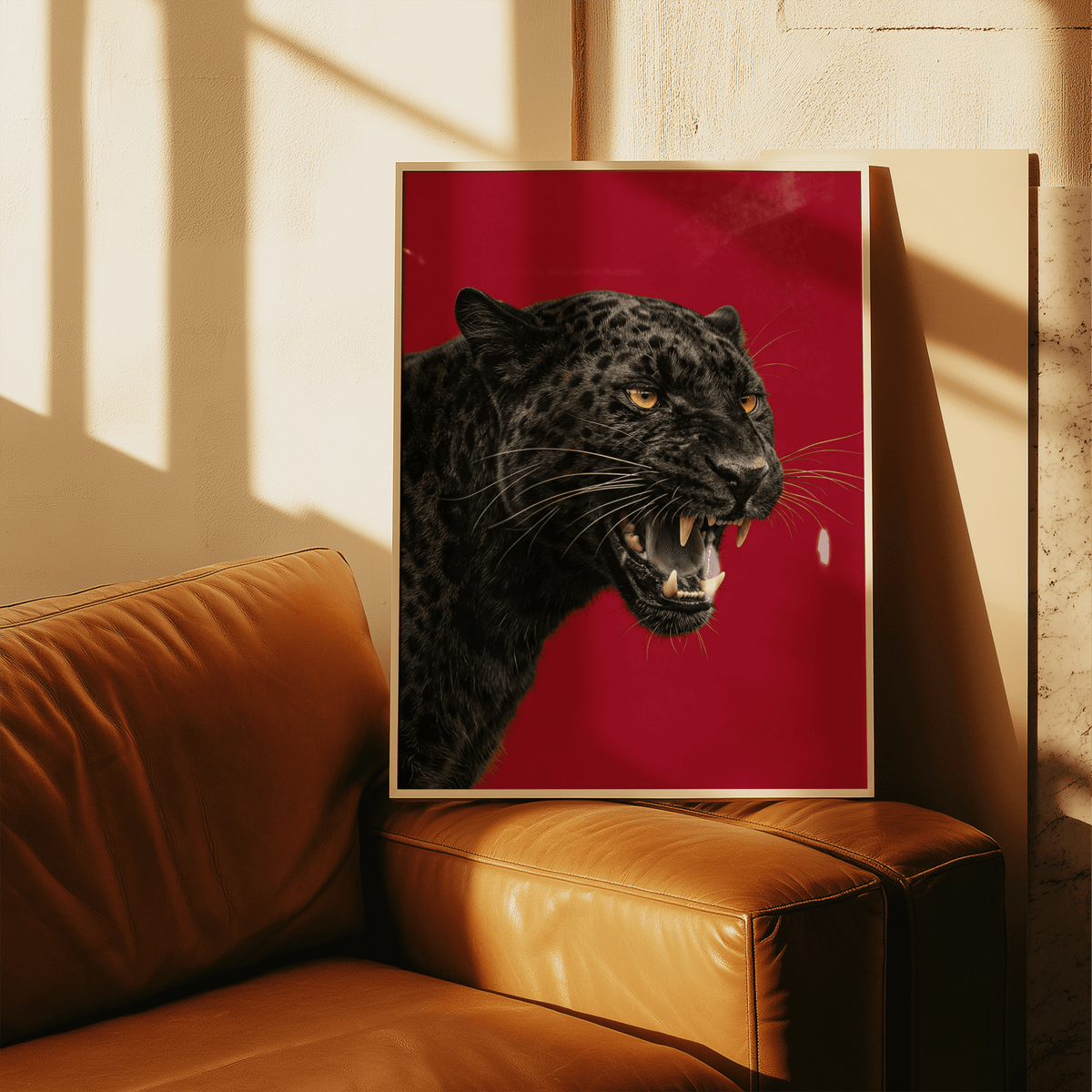 Elegant Wildlife Wall Art with black panther and red background, suitable for hallway