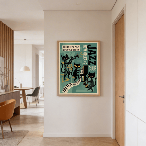 Full view of New Orleans Music Poster showing three cats and instruments