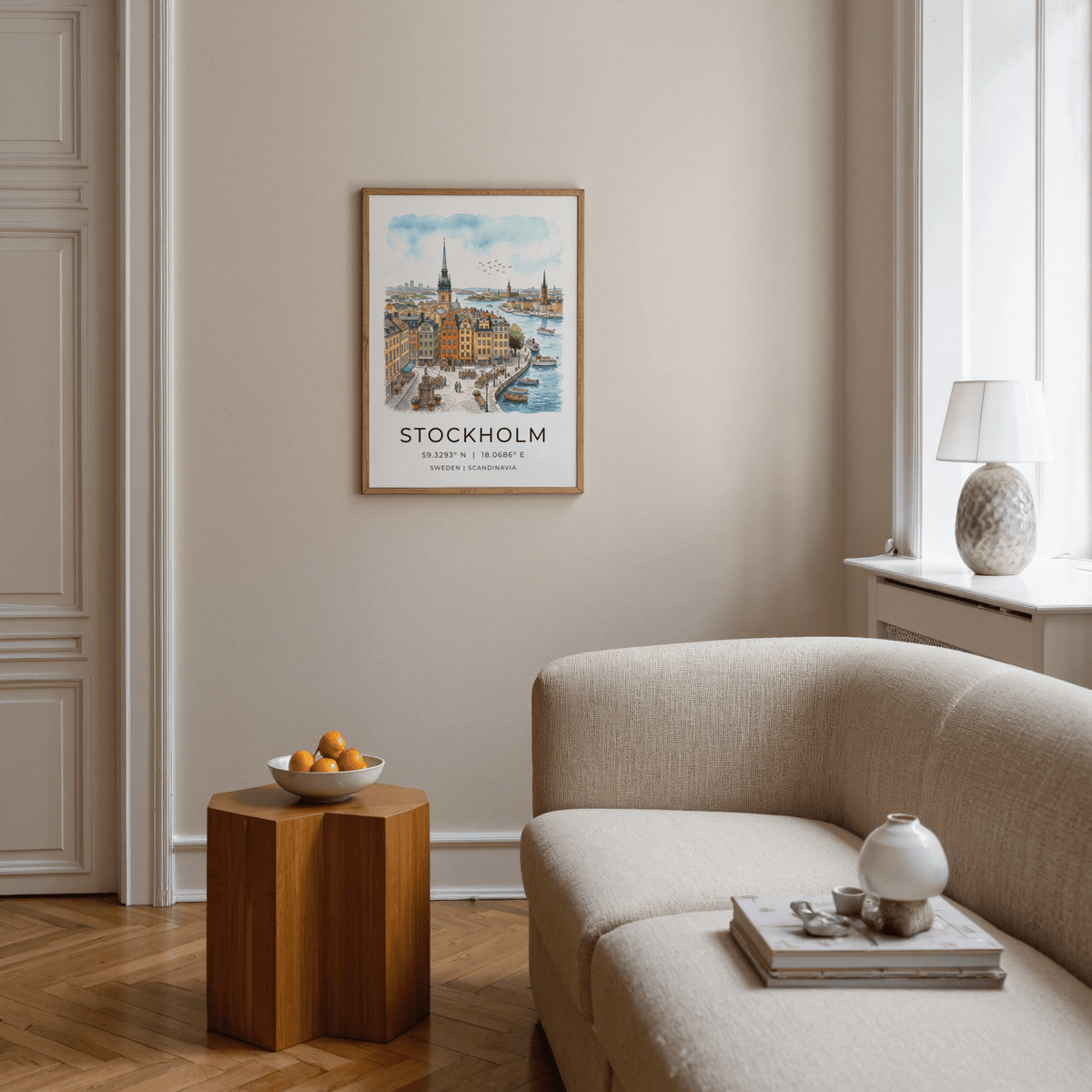 Watercolor-style Stockholm city print poster showing quay, market square, and church spire