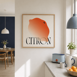 Graphic citrus poster print showing single lemon form with smooth shading and negative space