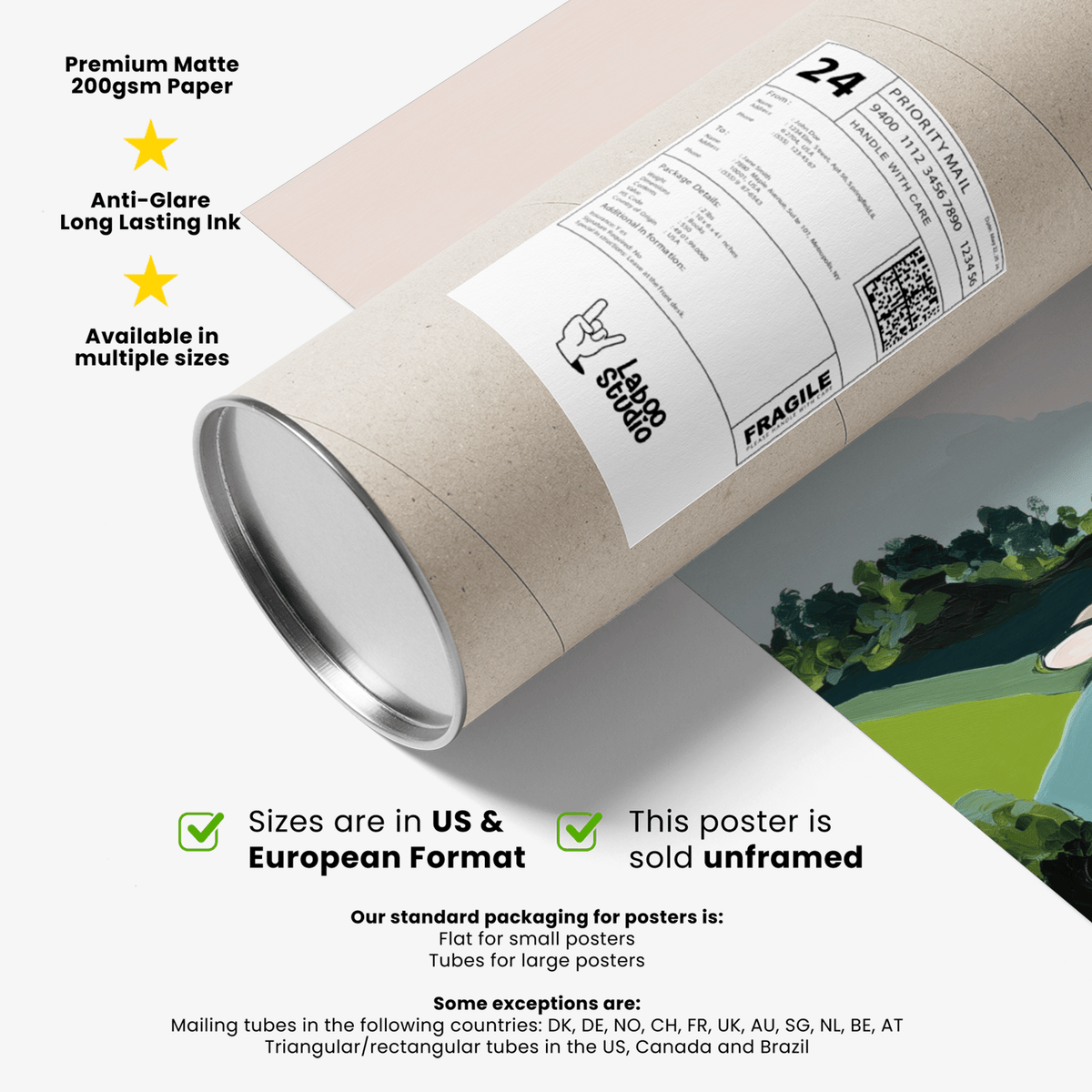 Minimal interior display of golf course landscape poster print with rolling hills