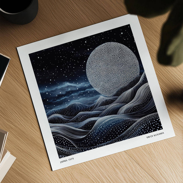 Artistic unique wall art for bedroom with white dot patterns and lunar glow
