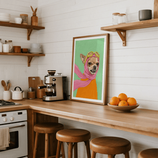 Funny Dog Art poster featuring Pink scarf and Orange jacket for office