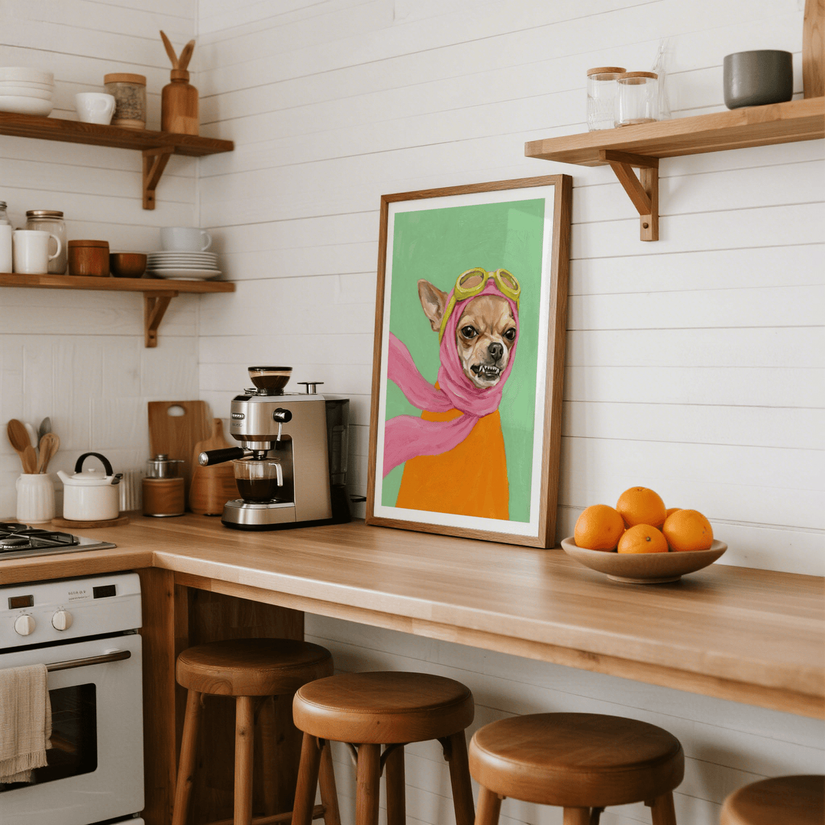Funny Dog Art poster featuring Pink scarf and Orange jacket for office