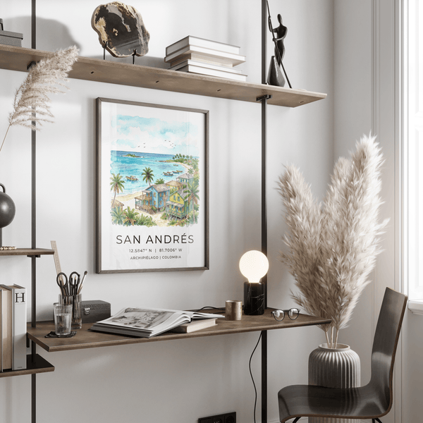 Coastal village poster print with San Andrés lettering, coordinates, and ocean horizon