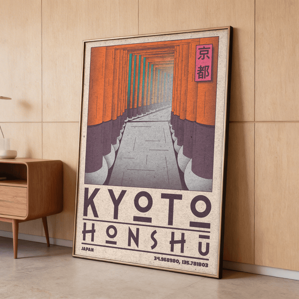 Top section of travel poster print with Japanese characters block and layered gate pillars