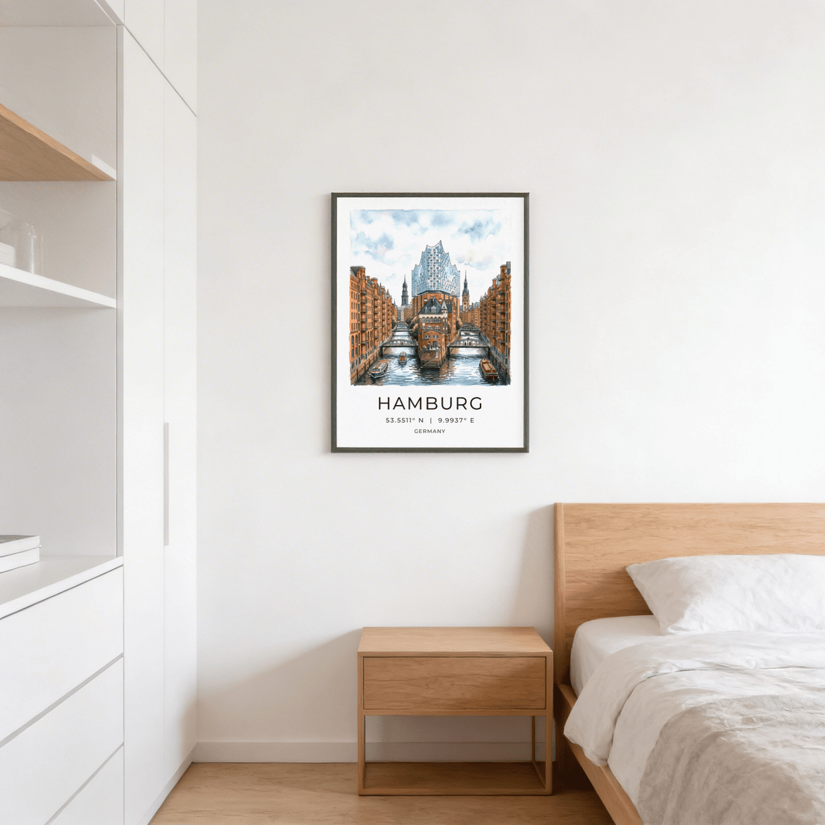 Skyline travel wall art with Hamburg title and coordinate text at the bottom