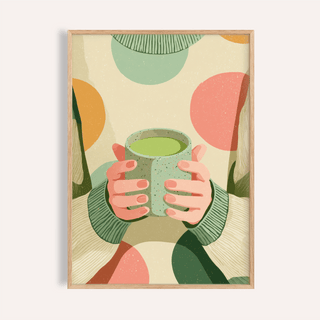 Cozy Matcha Art framed print close-up showing hands holding a green matcha cup with circles background
