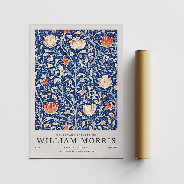 William Morris-style vintage flower wall art with curling stems and blooms