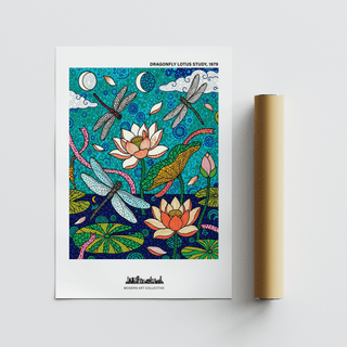 Patterned nature poster showing lotus blooms, buds, and dragonflies over water