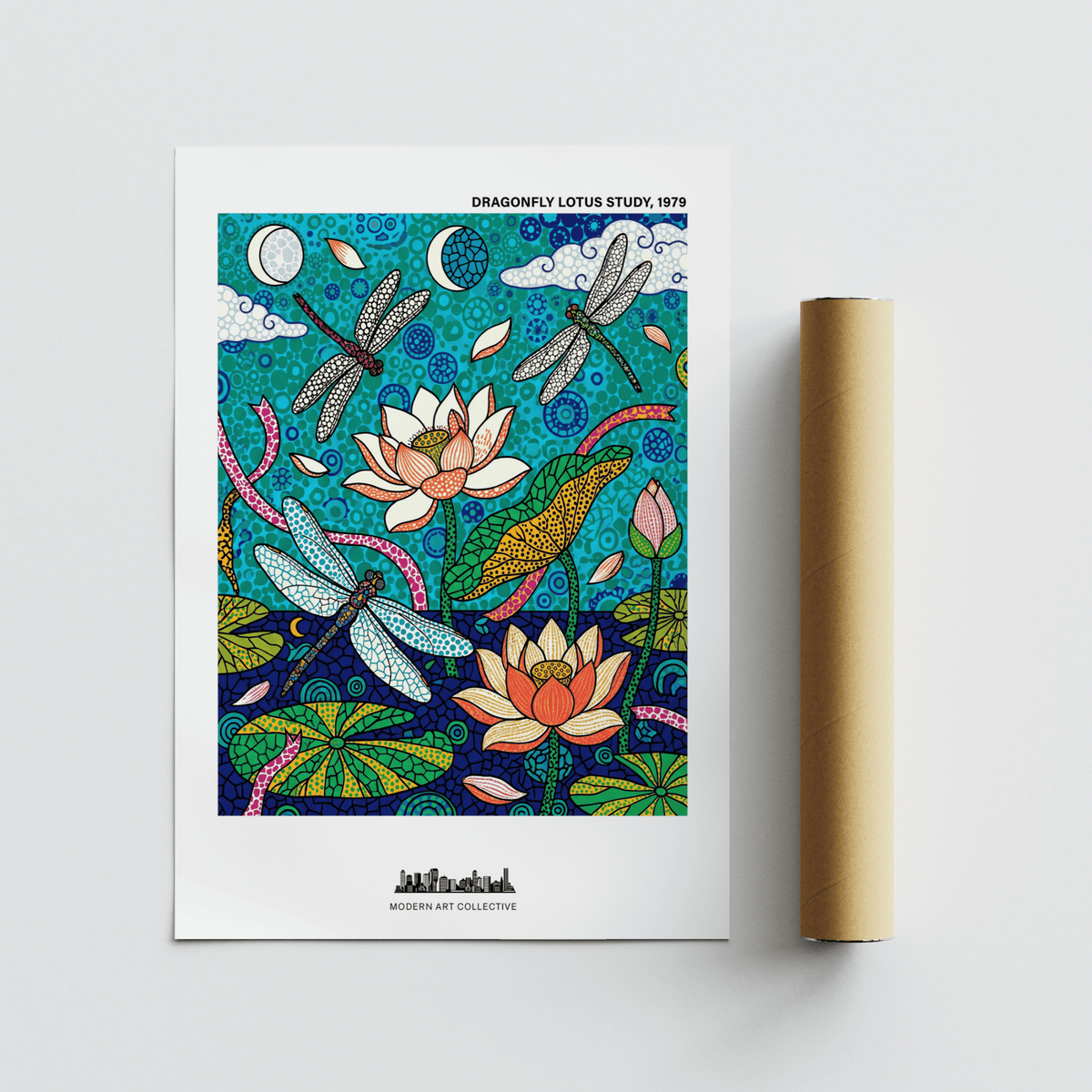 Patterned nature poster showing lotus blooms, buds, and dragonflies over water