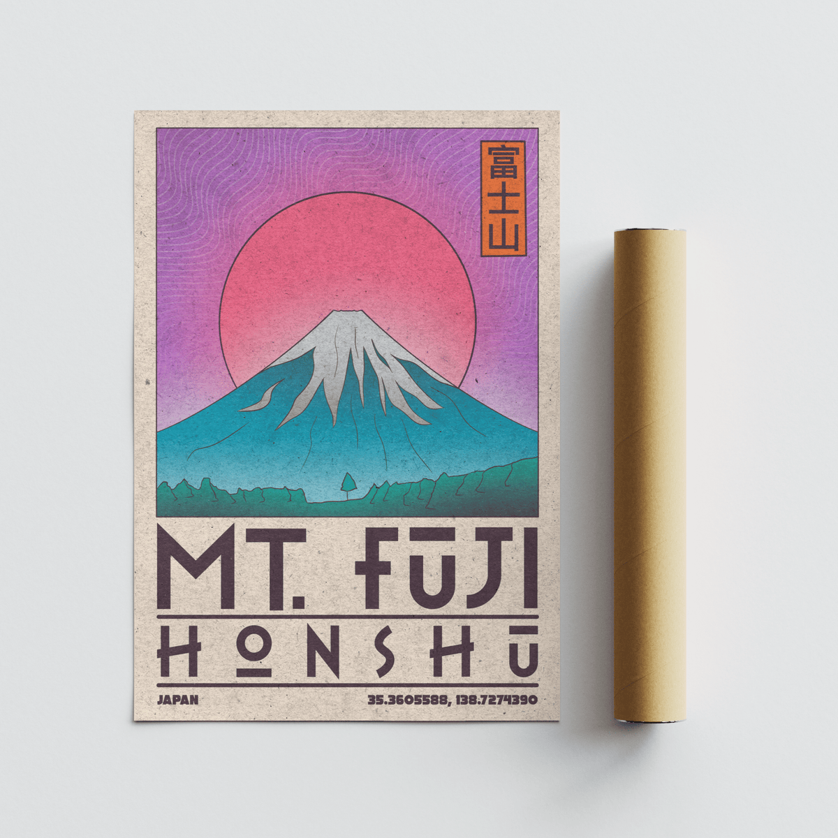 Mountain travel wall art print featuring Mt. Fuji and HONSHU text block